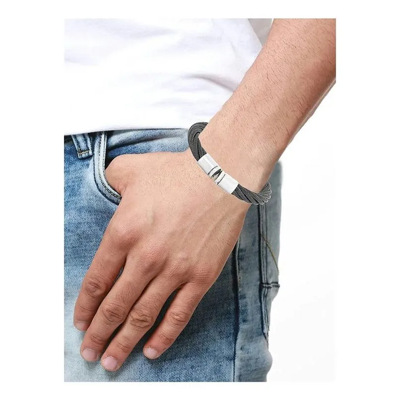 Sophisticated Braided Rope Black Stainless Steel Cuff Kada Bangle Bracelet for Men