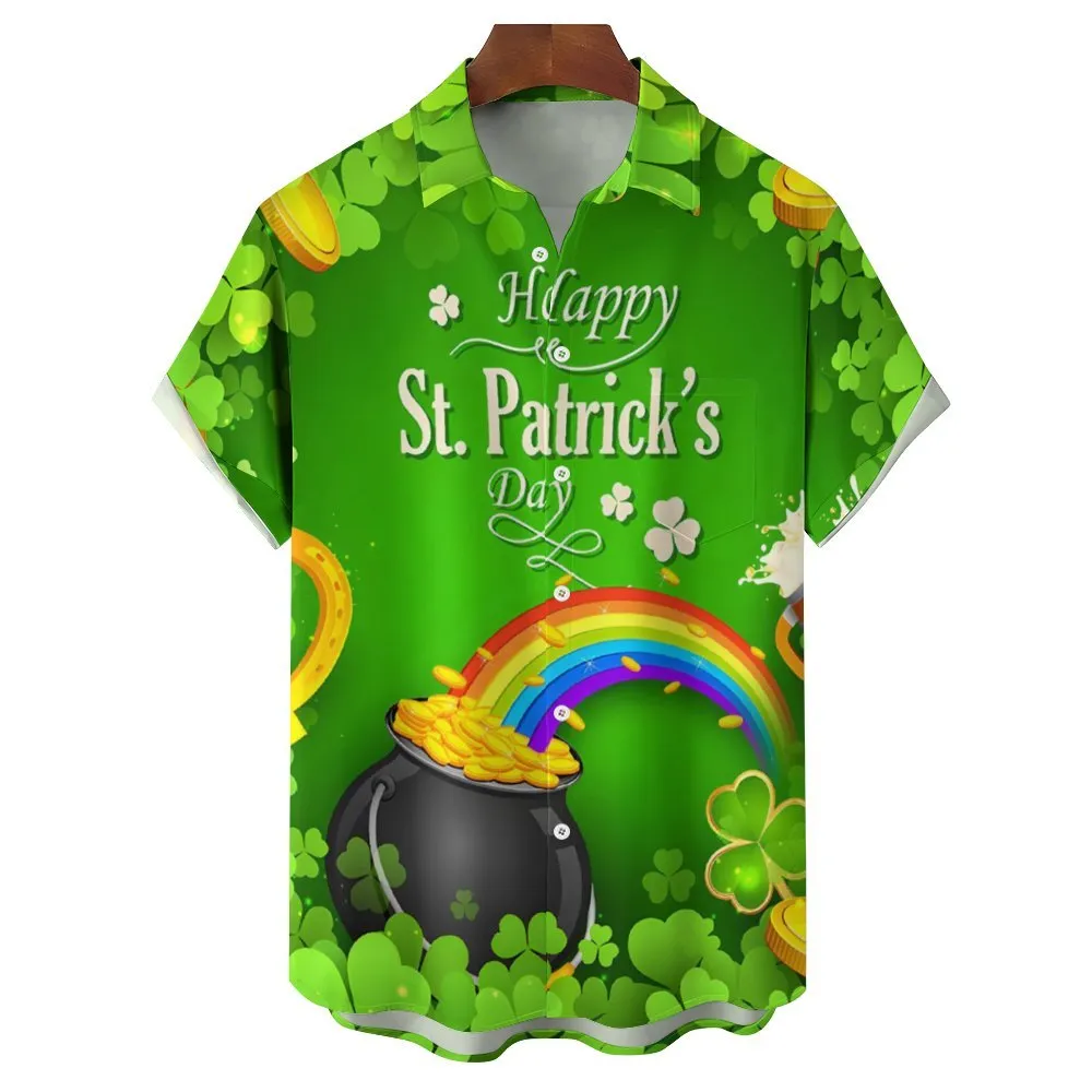St. Patrick's Day Rainbow Print Breast Pocket Short Sleeve Shirt