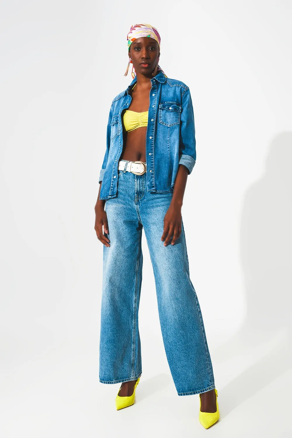 Stretch denim shirt in mid blue