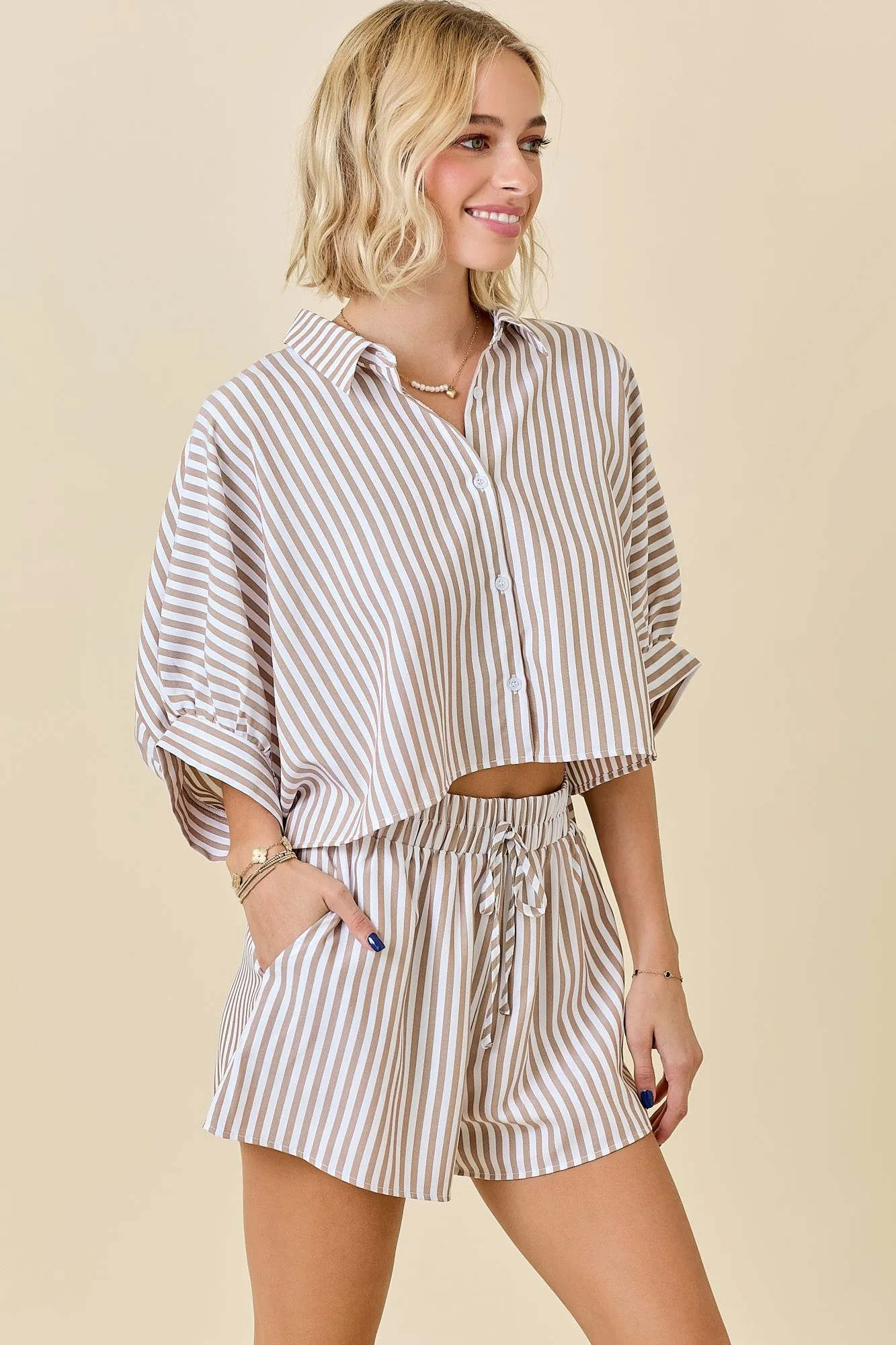 STRIPED CROPPED OVERSIZED SHIRT W/ MATCHING SHORTS