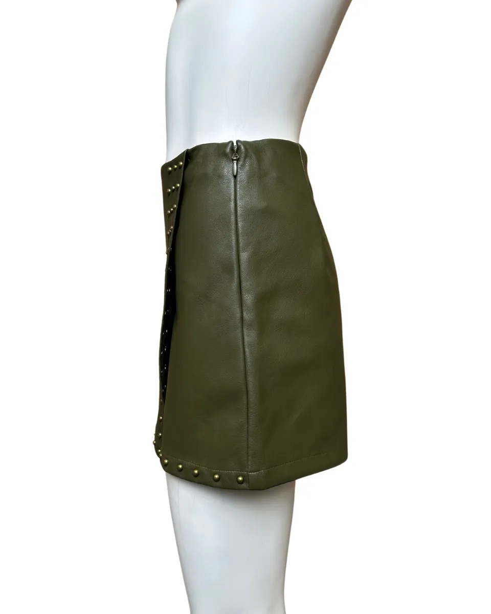 Studded Stretch Faux Leather Wrap Skort in Olive