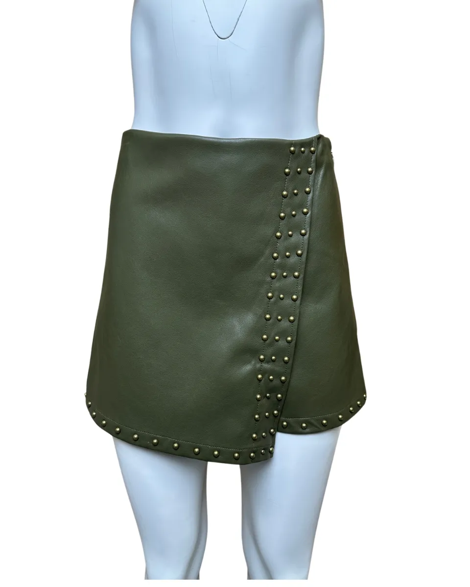 Studded Stretch Faux Leather Wrap Skort in Olive