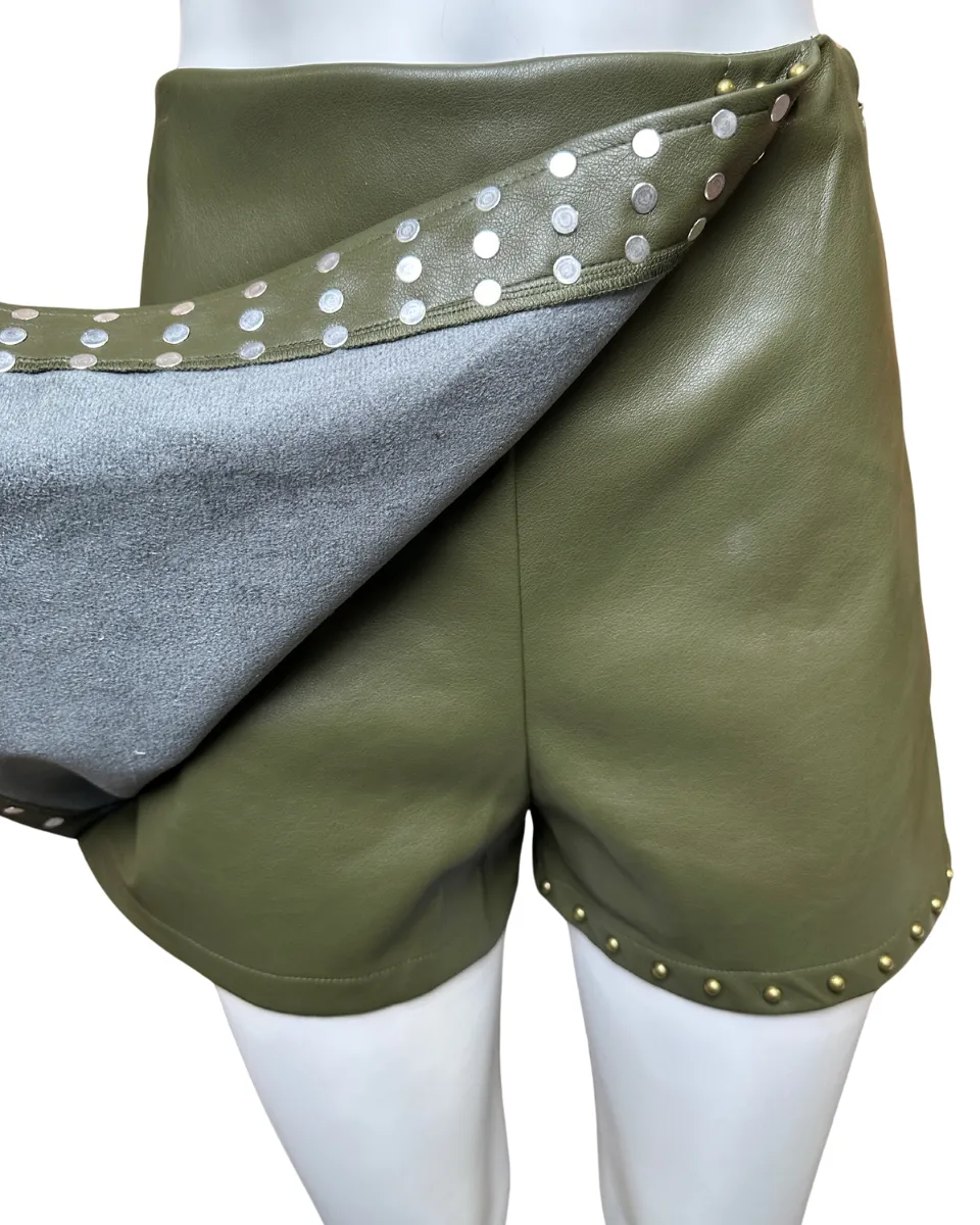 Studded Stretch Faux Leather Wrap Skort in Olive
