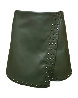 Studded Stretch Faux Leather Wrap Skort in Olive