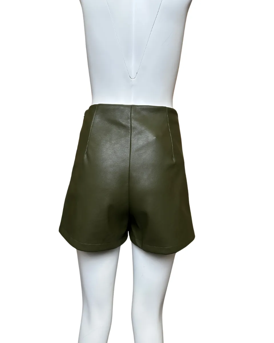 Studded Stretch Faux Leather Wrap Skort in Olive