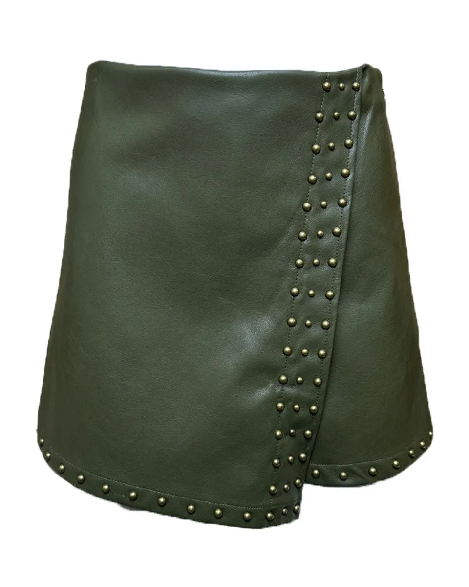 Studded Stretch Faux Leather Wrap Skort in Olive