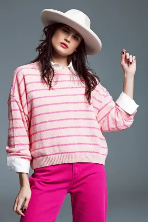 Sweater With Drop Shoulders with Fuchsia Stripes