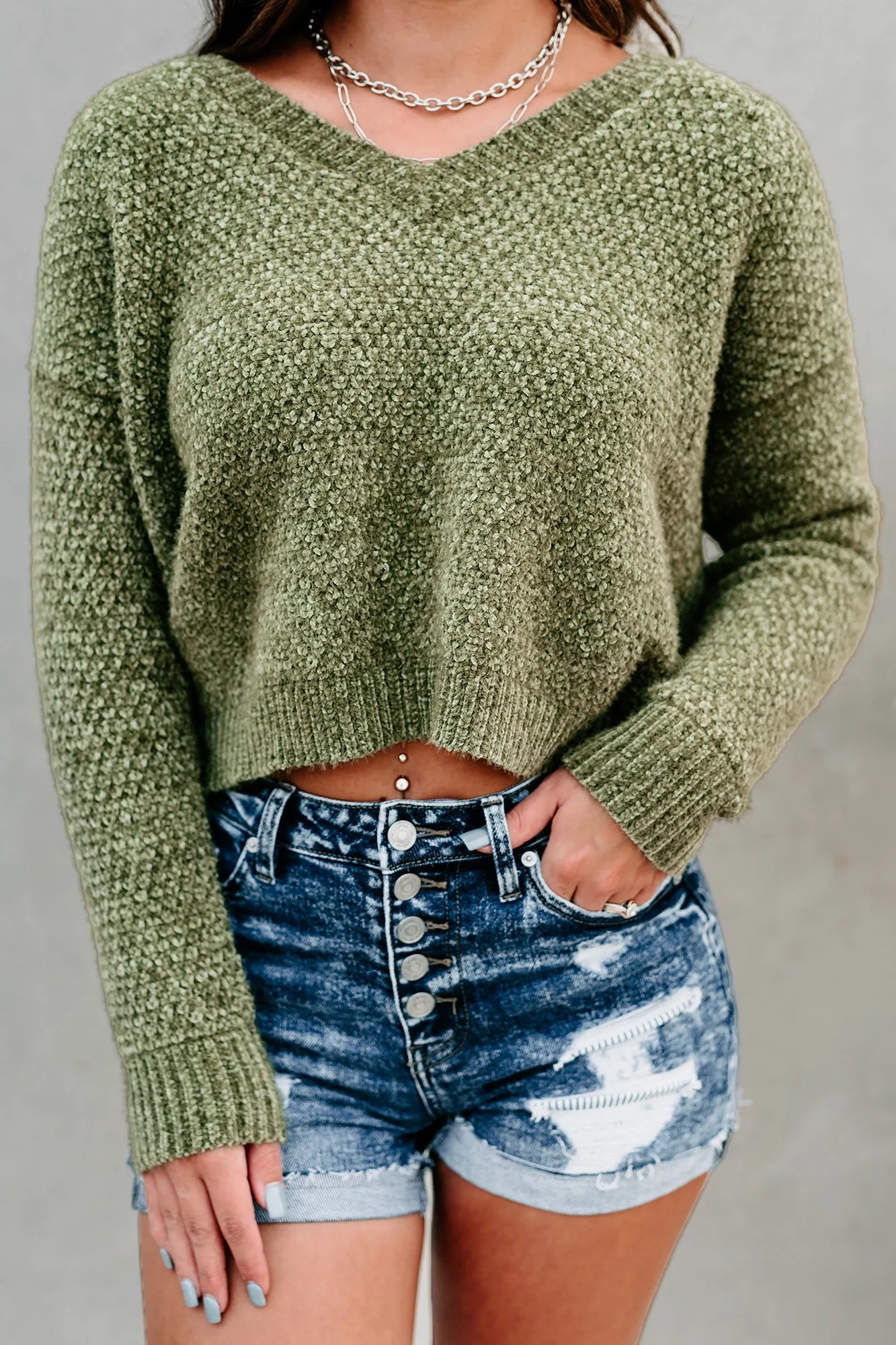 Sweet Lovin' Fuzzy Chenille V-Neck Sweater (Olive)