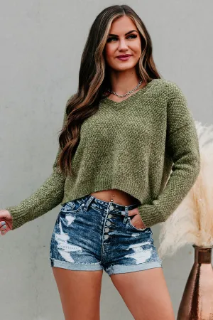 Sweet Lovin' Fuzzy Chenille V-Neck Sweater (Olive)