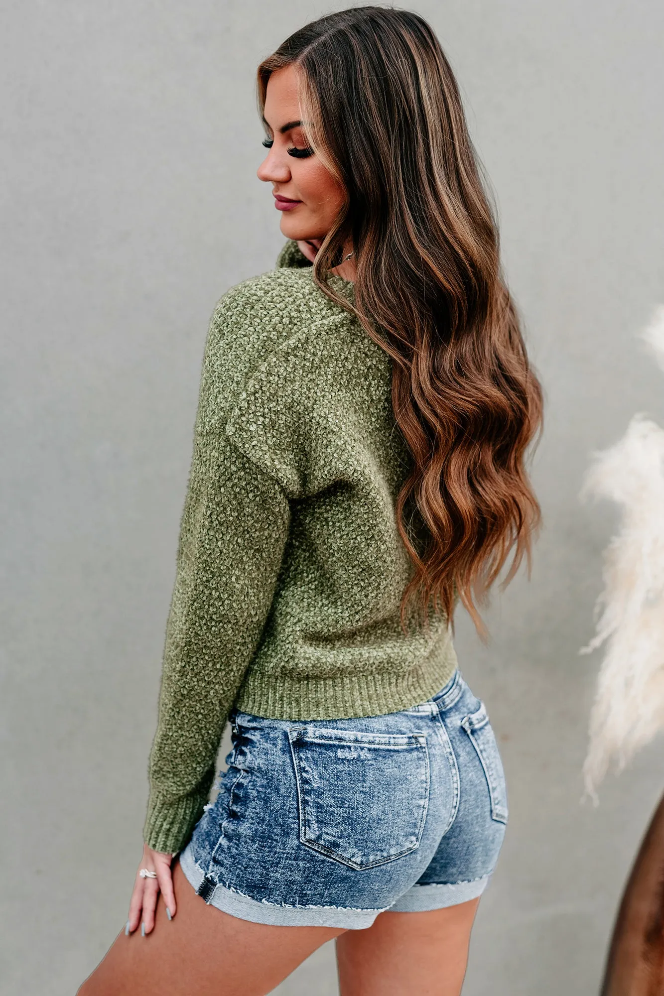 Sweet Lovin' Fuzzy Chenille V-Neck Sweater (Olive)
