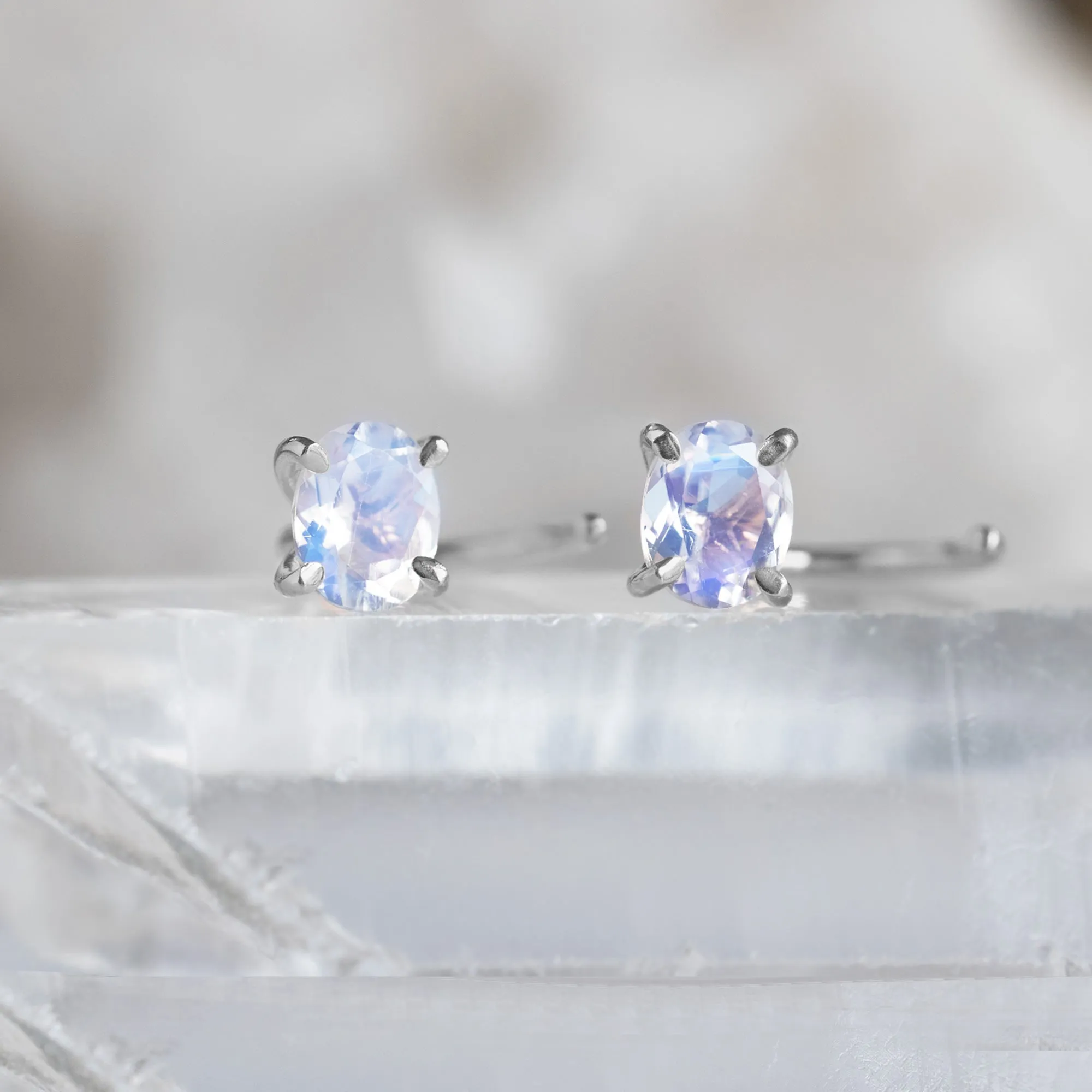 The Rainbow Moonstone Huggie Stud Earrings | Sterling Silver