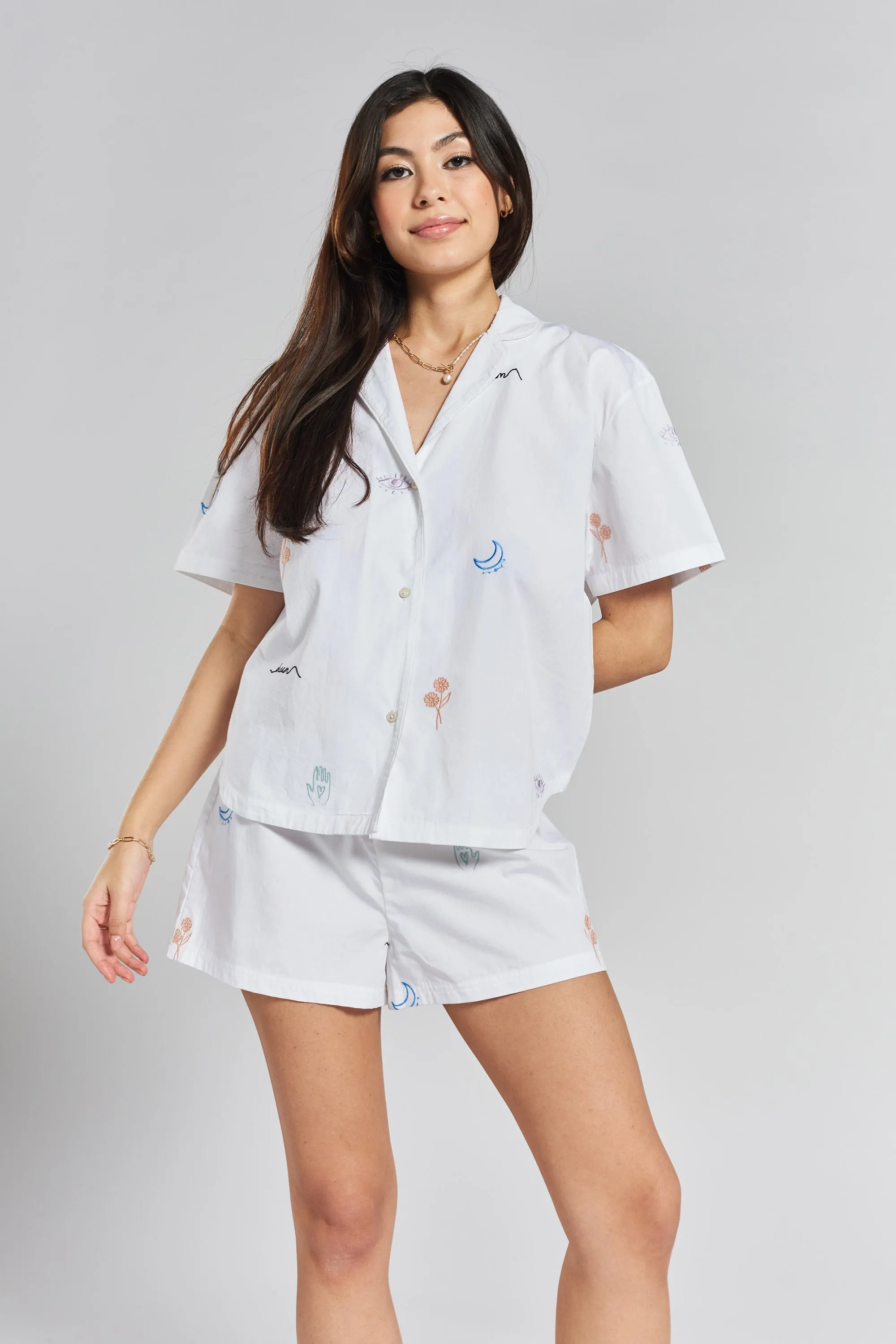 Tsubaki embroidered woven-cotton shorts - Glacier White