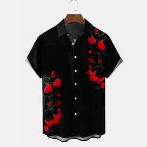 Valentine's Day Love Print Men's Holiday Button Pocket Short Sleeve Shirt