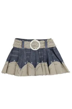 Vintage Belted Denim Contrast Skater Skirt