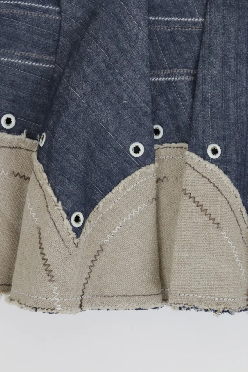 Vintage Belted Denim Contrast Skater Skirt