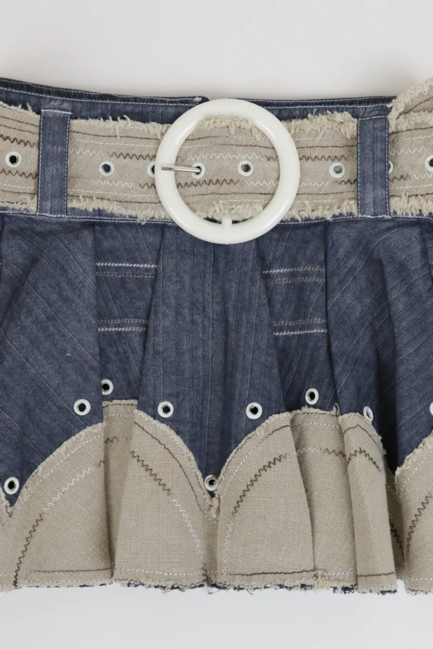 Vintage Belted Denim Contrast Skater Skirt