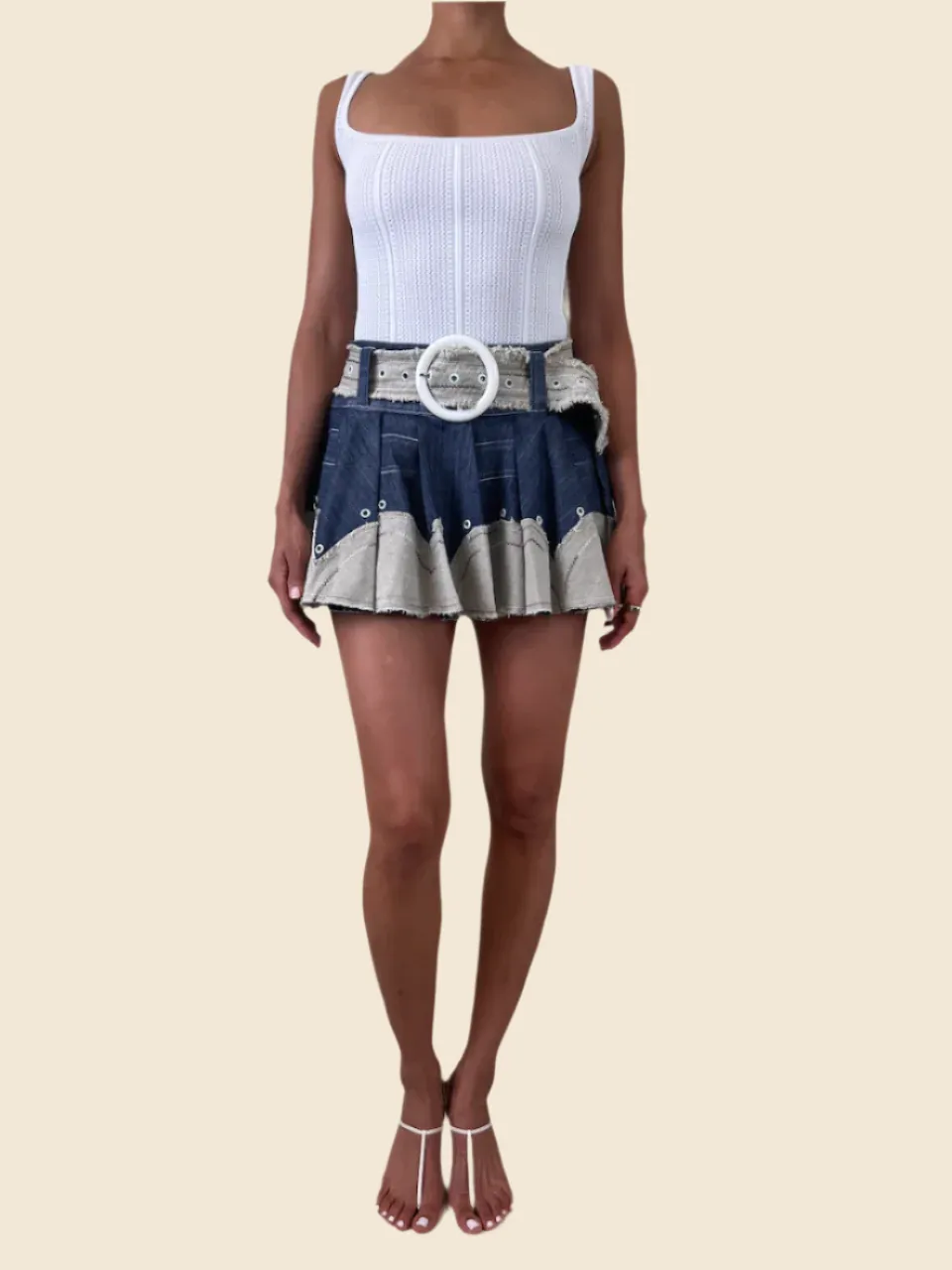 Vintage Belted Denim Contrast Skater Skirt