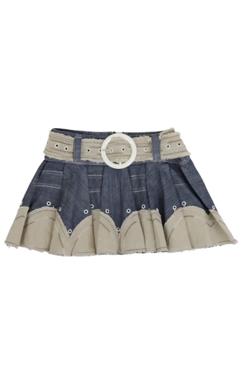 Vintage Belted Denim Contrast Skater Skirt