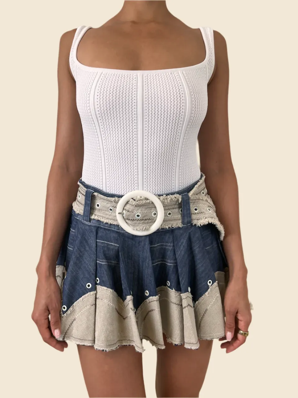 Vintage Belted Denim Contrast Skater Skirt
