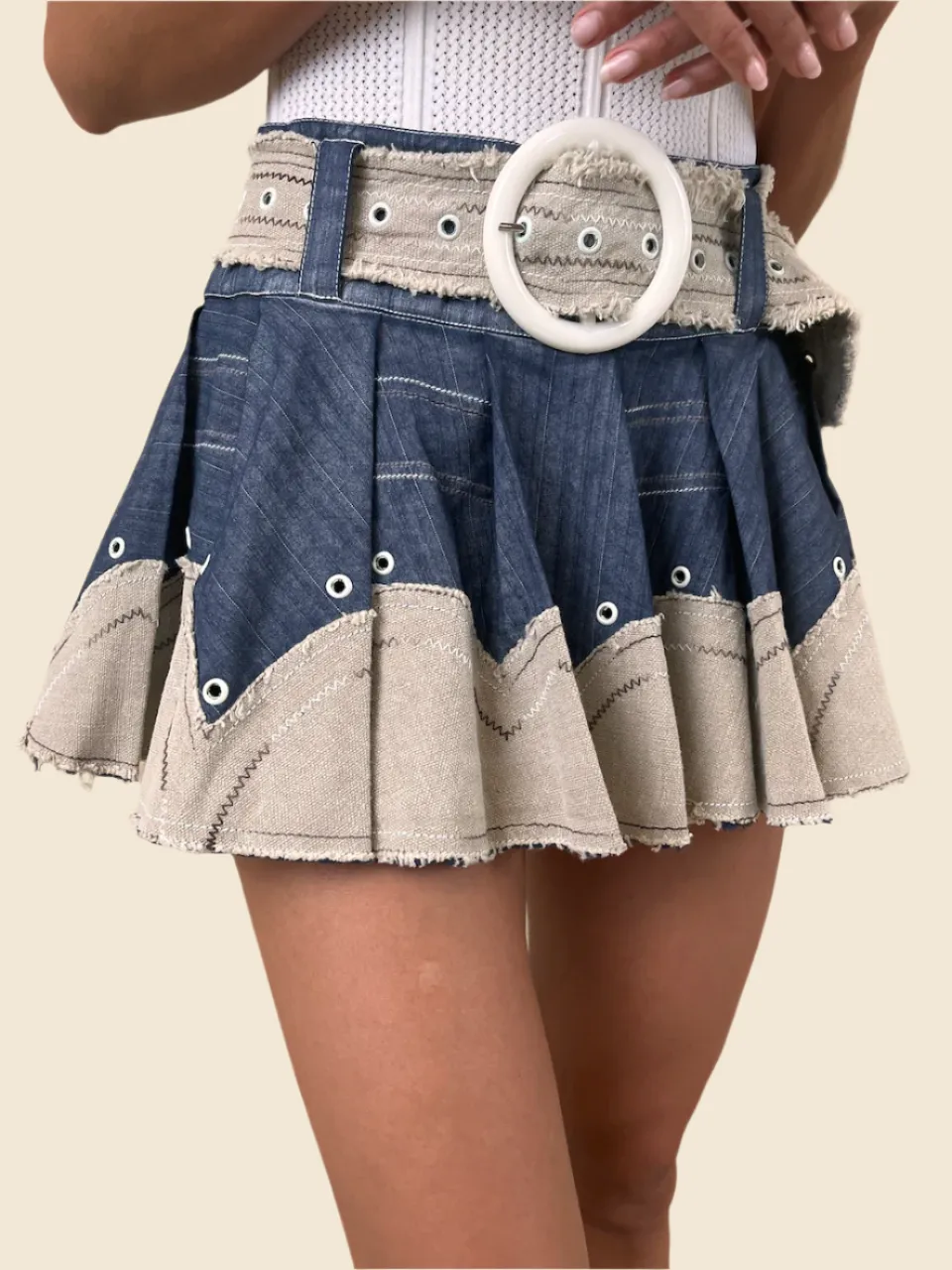 Vintage Belted Denim Contrast Skater Skirt