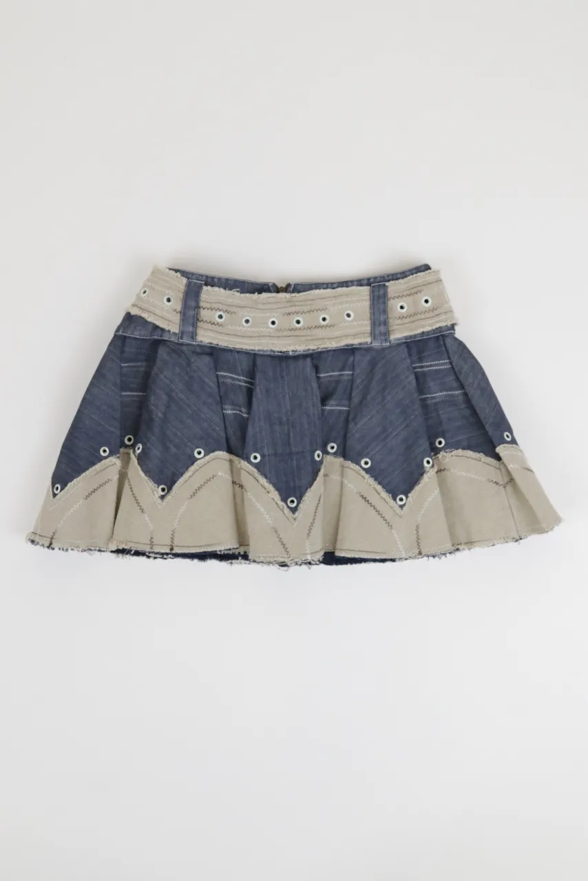 Vintage Belted Denim Contrast Skater Skirt
