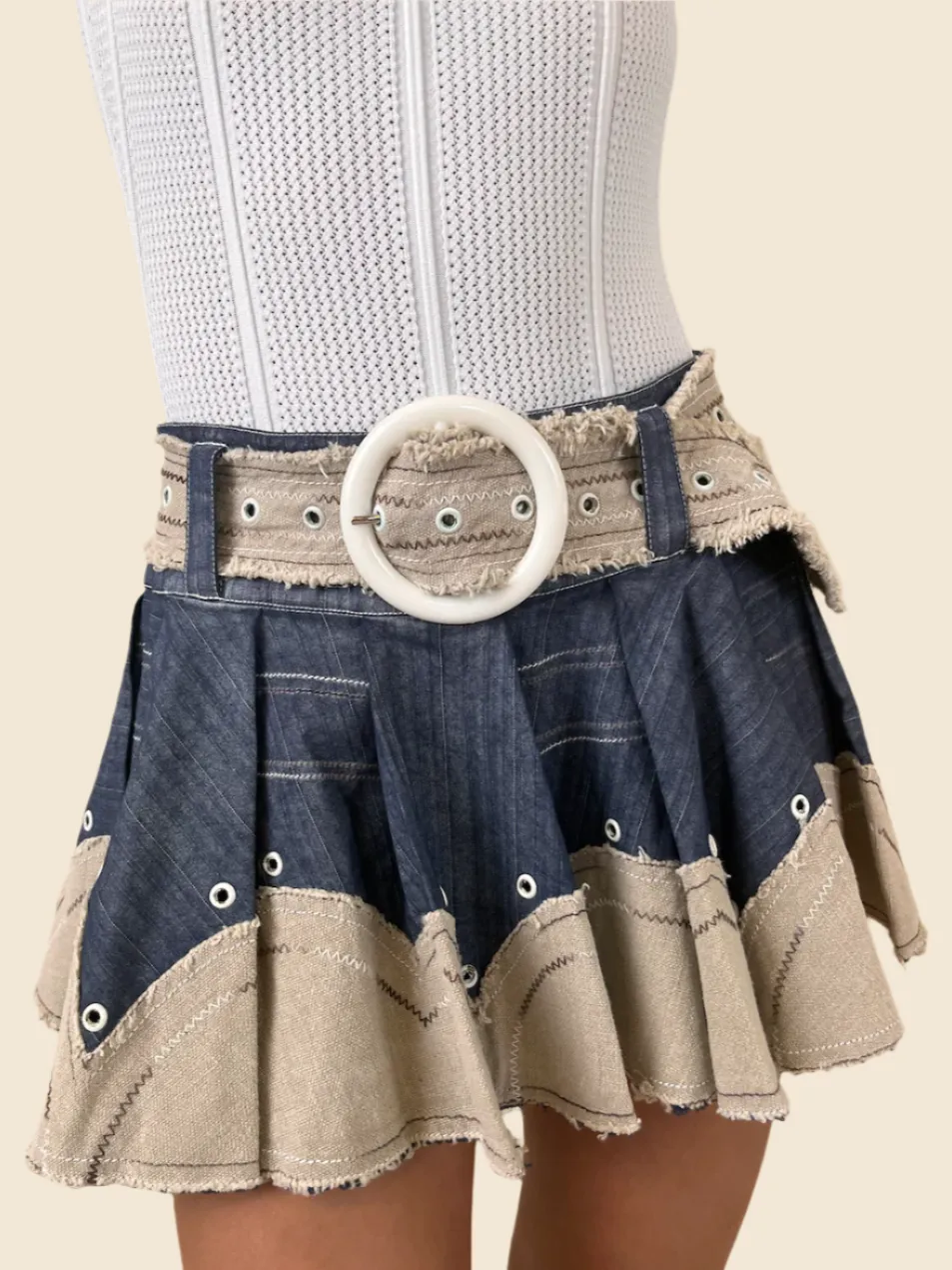 Vintage Belted Denim Contrast Skater Skirt