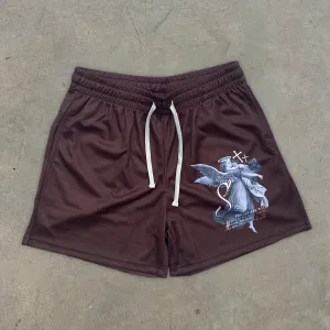 Vintage Religious Print Stretch Shorts