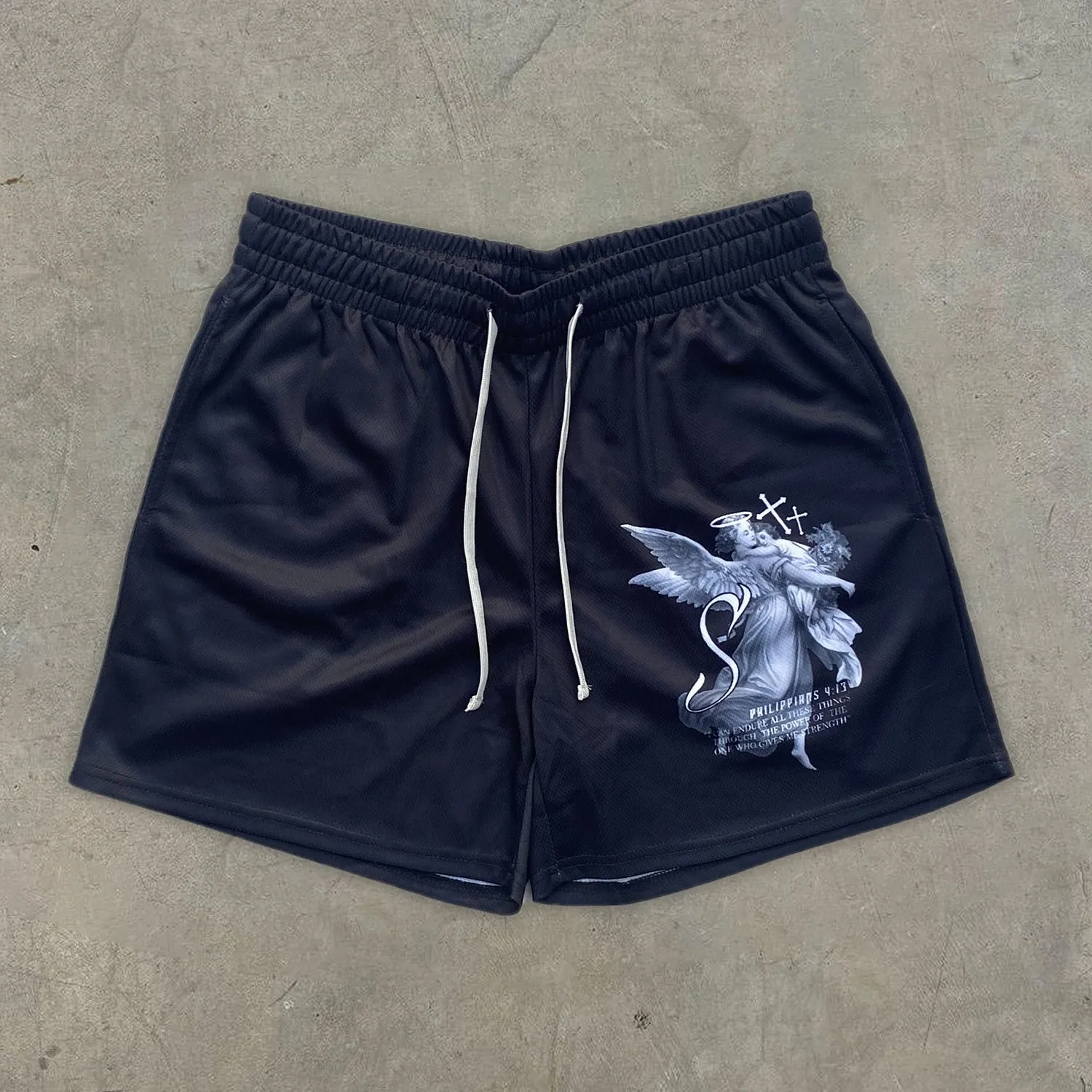 Vintage Religious Print Stretch Shorts