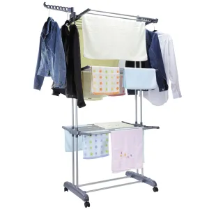 Voilamart Clothes Drying Rack 3 Tier with Wheels, Foldable Clothes Garment Dryer Compact Storage, Heavy Duty Stainless Steel Hanger, Laundry Indoor Outdoor Airer