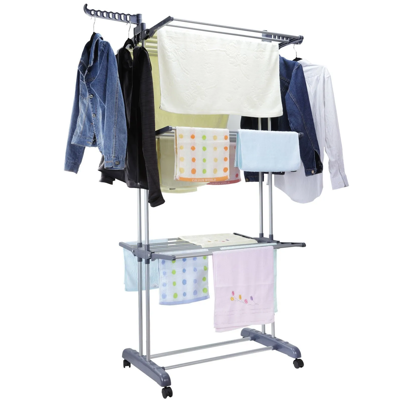 Voilamart Clothes Drying Rack 3 Tier with Wheels, Foldable Clothes Garment Dryer Compact Storage, Heavy Duty Stainless Steel Hanger, Laundry Indoor Outdoor Airer