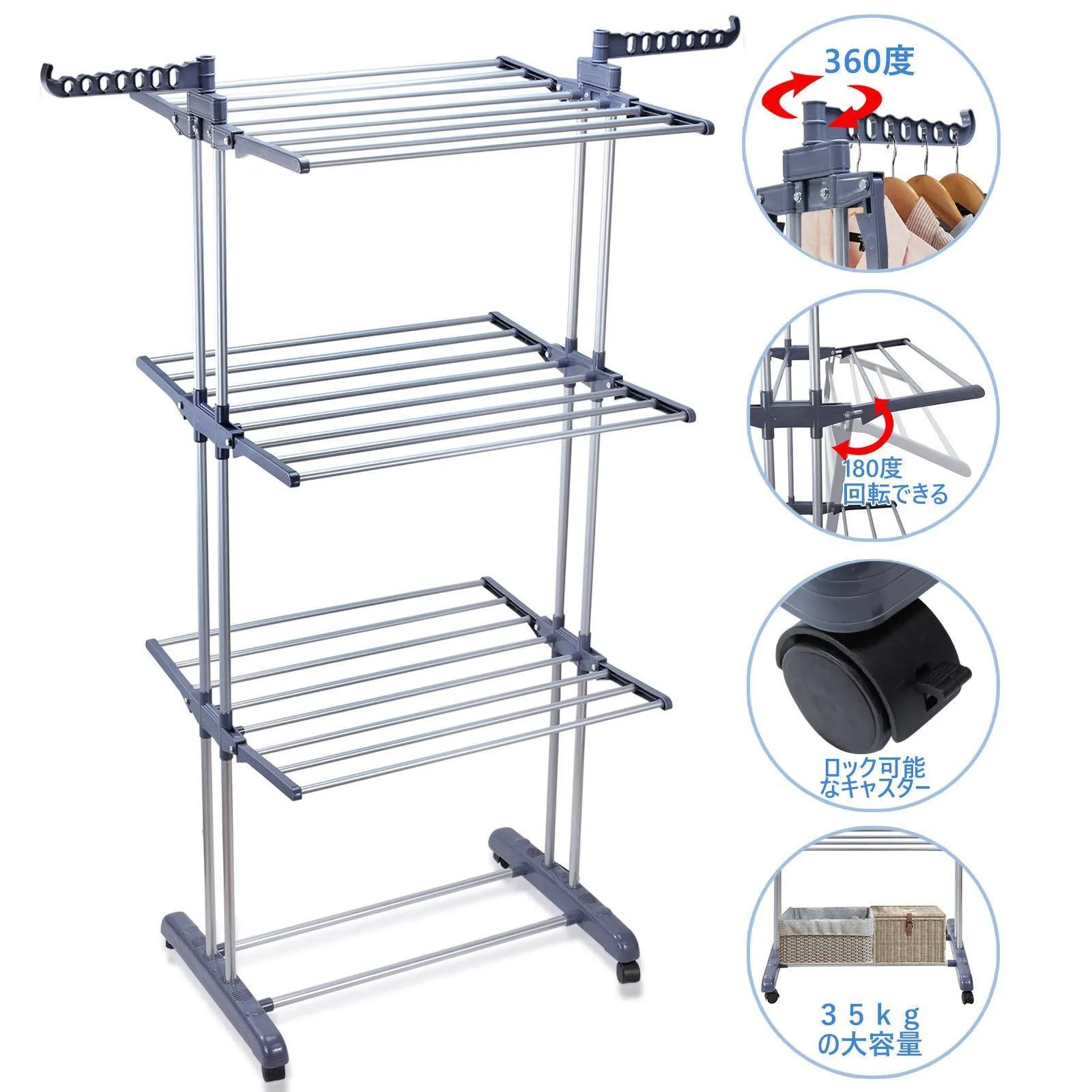 Voilamart Clothes Drying Rack 3 Tier with Wheels, Foldable Clothes Garment Dryer Compact Storage, Heavy Duty Stainless Steel Hanger, Laundry Indoor Outdoor Airer