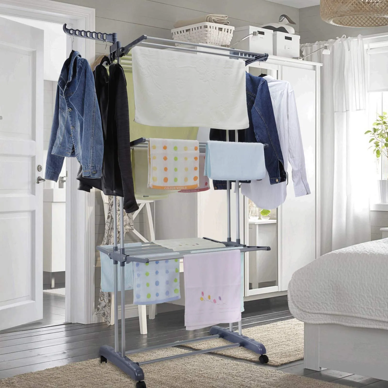Voilamart Clothes Drying Rack 3 Tier with Wheels, Foldable Clothes Garment Dryer Compact Storage, Heavy Duty Stainless Steel Hanger, Laundry Indoor Outdoor Airer