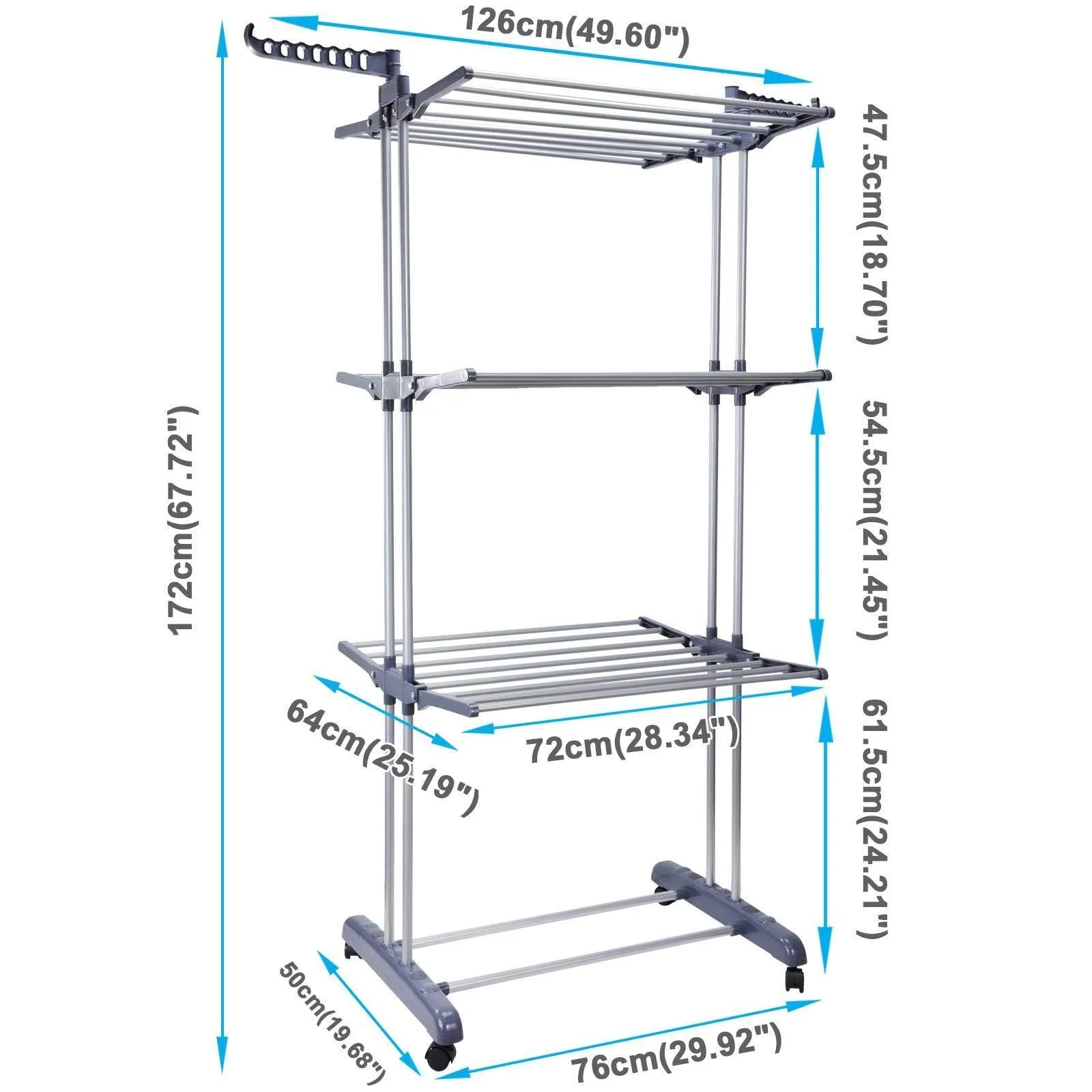 Voilamart Clothes Drying Rack 3 Tier with Wheels, Foldable Clothes Garment Dryer Compact Storage, Heavy Duty Stainless Steel Hanger, Laundry Indoor Outdoor Airer