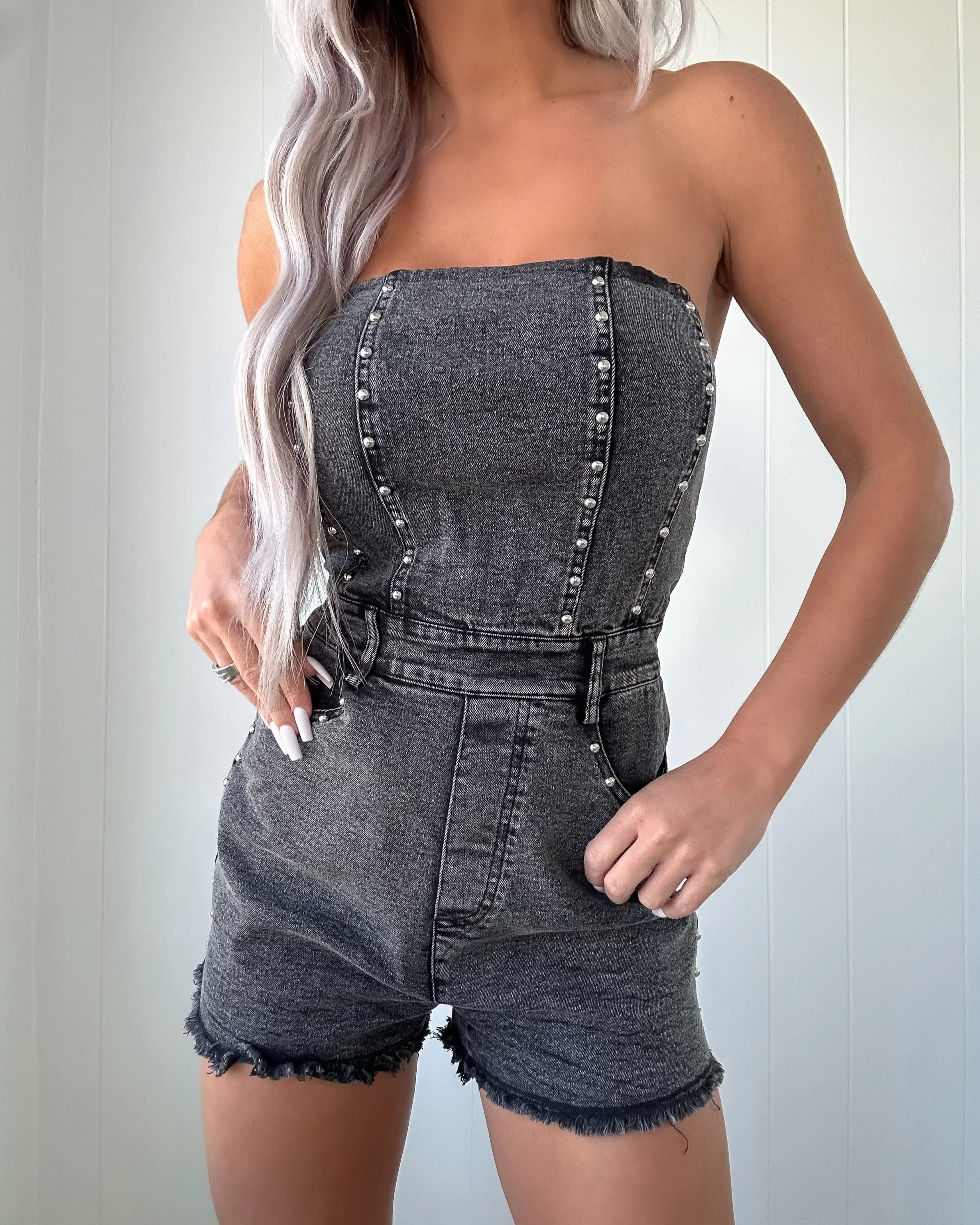 Western Studded Romper - Black