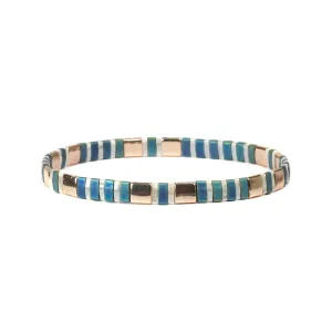 White & Teal Stripe Miyuki Stretch Bracelet