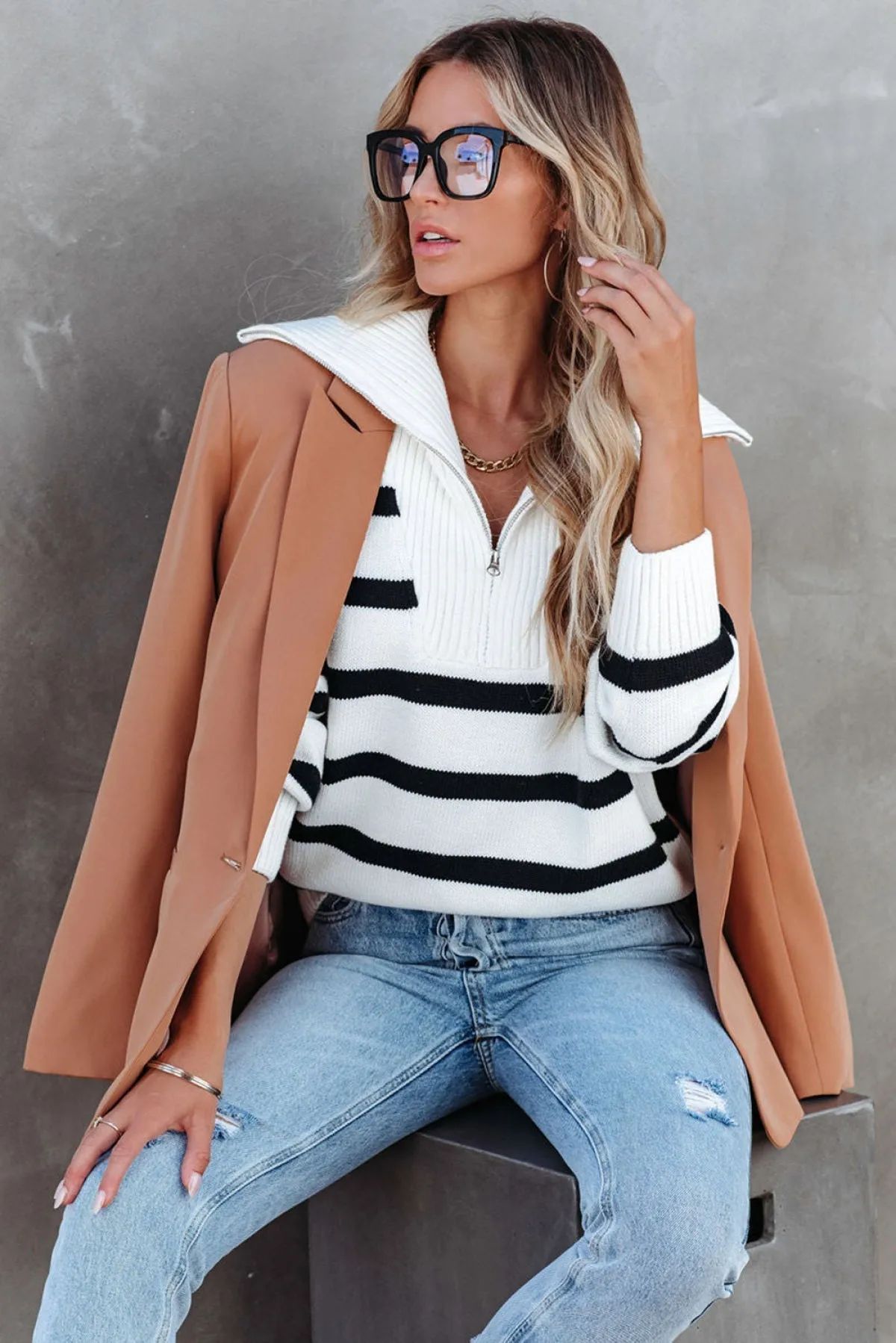 White Sailor Collar Striped Knit Pullover Sweater