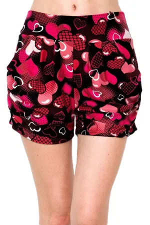 Women’s Regular Red Big Heart Printed Pleated Pockets Harem Shorts