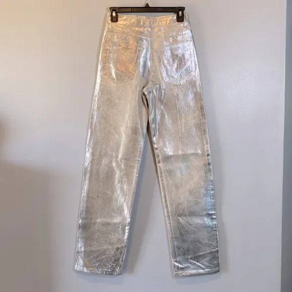 Zara Metallic Jeans NWOT Womens US 2 Silver The Boy Boy Fit Painted Blogger Fave
