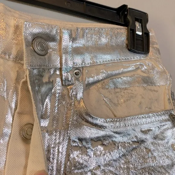 Zara Metallic Jeans NWOT Womens US 2 Silver The Boy Boy Fit Painted Blogger Fave