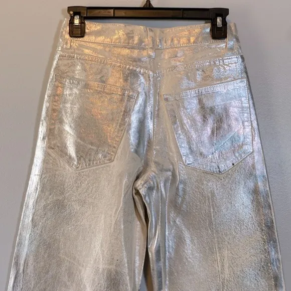 Zara Metallic Jeans NWOT Womens US 2 Silver The Boy Boy Fit Painted Blogger Fave