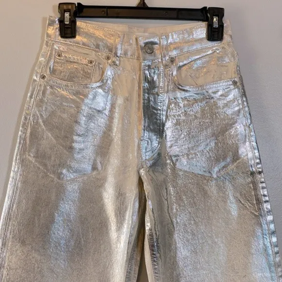 Zara Metallic Jeans NWOT Womens US 2 Silver The Boy Boy Fit Painted Blogger Fave
