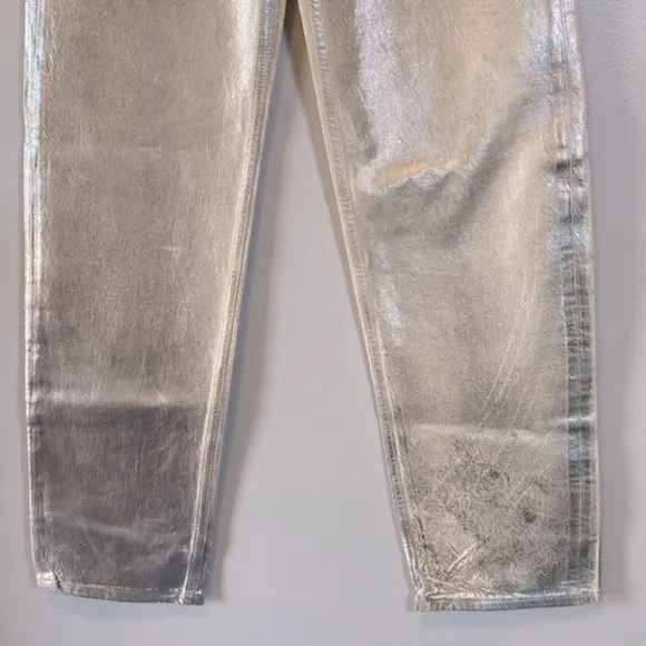 Zara Metallic Jeans NWOT Womens US 2 Silver The Boy Boy Fit Painted Blogger Fave
