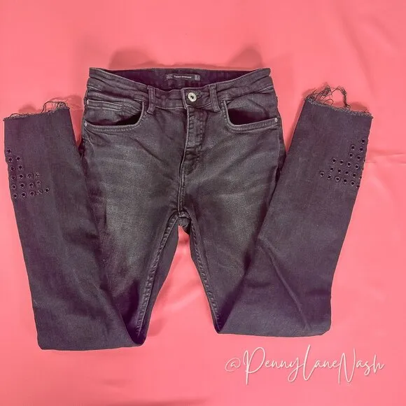 Zara Trafaluc Denimwear Raw Hem Skinny Jeans Washed Black