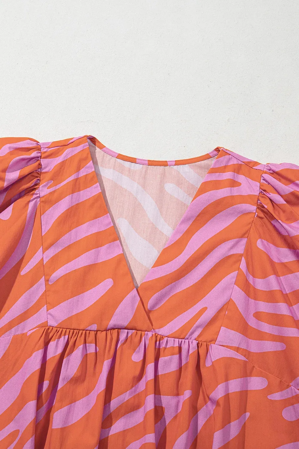 Zebra Stripe Print Ruched Cuff Half Sleeve V Neck Blouse