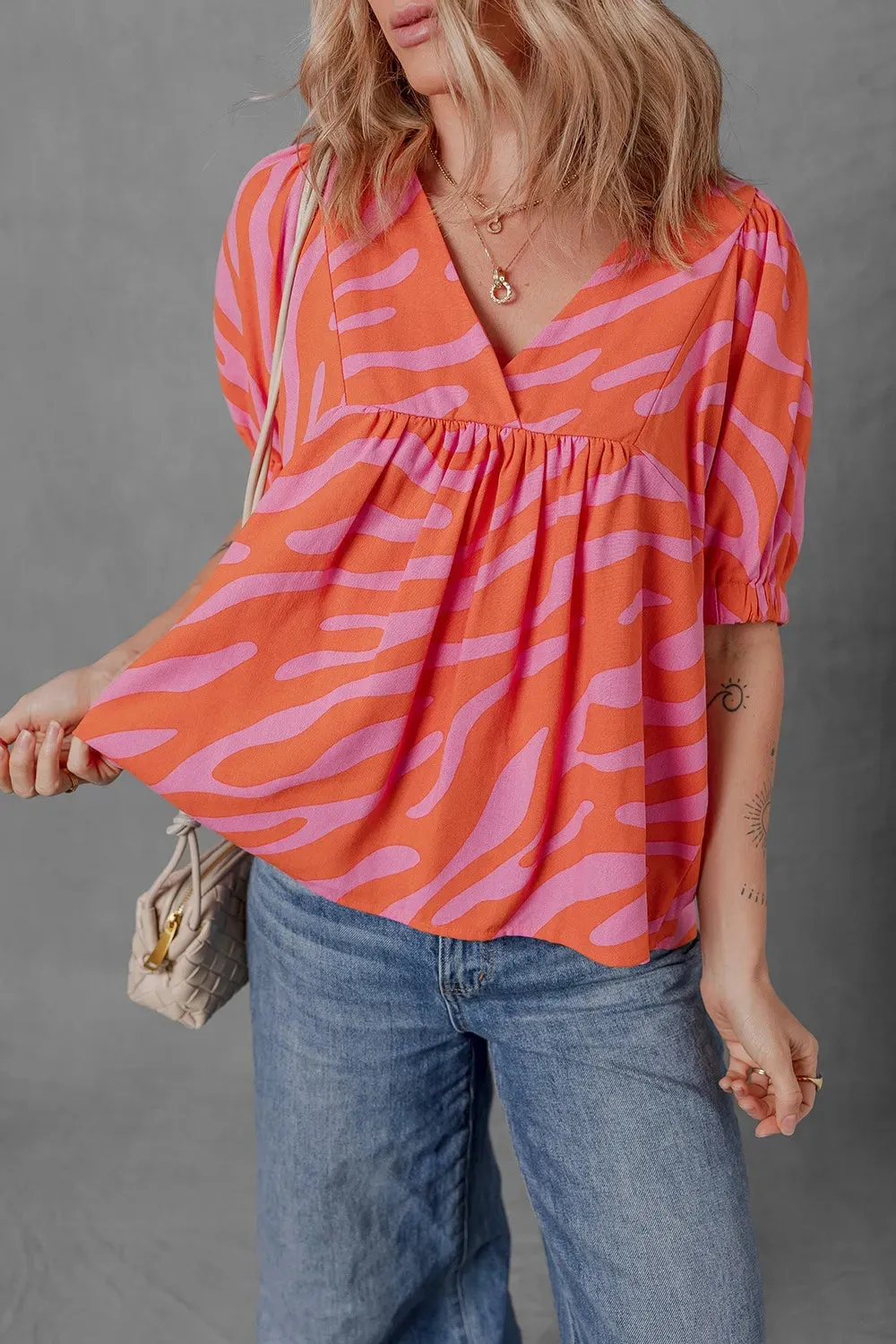 Zebra Stripe Print Ruched Cuff Half Sleeve V Neck Blouse
