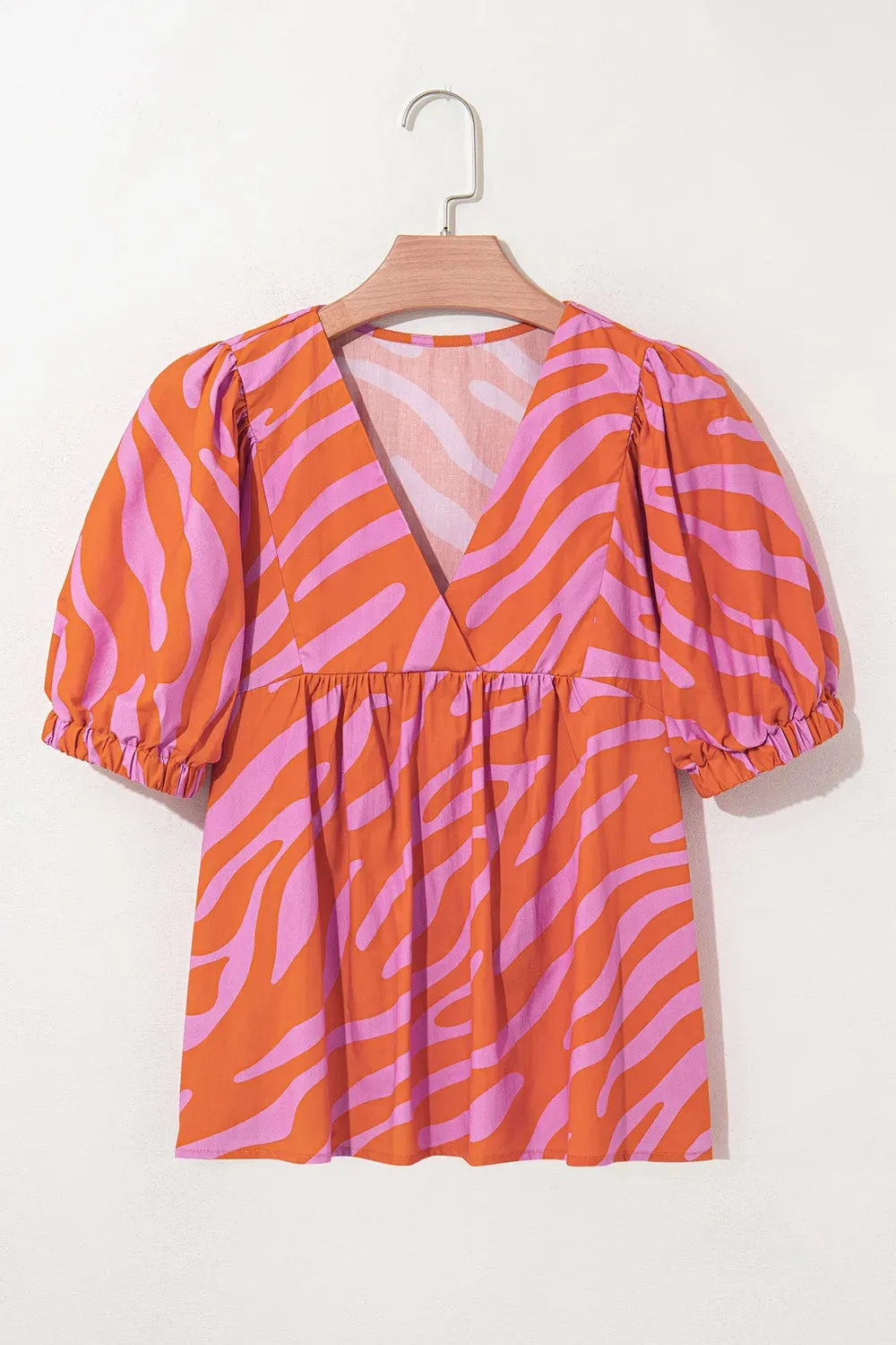 Zebra Stripe Print Ruched Cuff Half Sleeve V Neck Blouse
