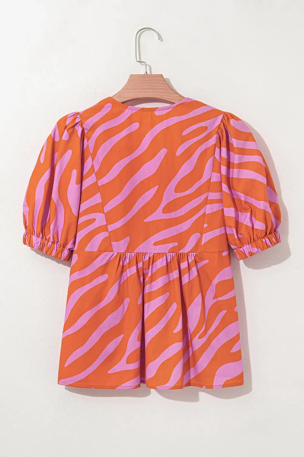 Zebra Stripe Print Ruched Cuff Half Sleeve V Neck Blouse